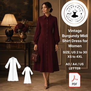 Könnte beinhalten: Eine Frau trägt ein weinrotes Midi-Hemdkleid mit langen Ärmeln und Knopfleiste. Das Kleid hat einen ausgestellten Rock. Das Bild enthält ein Schnittmuster und den Text: "Vintage Burgundy Midi Shirt Dress for Women."