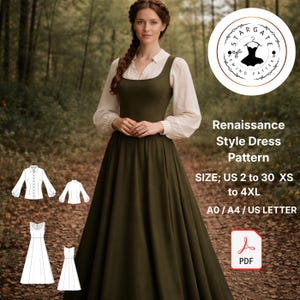 May include: A woman wearing a Renaissance-style dress in olive green, paired with a white blouse. The image includes a sewing pattern with the text "Renaissance Style Dress Pattern" and size details from US 2 to 30, XS to 4XL.
