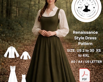 Naaipatroon jurk jurk in renaissancestijl, maxi schort cottagecore (pdf)