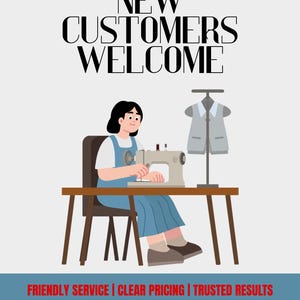 May include: A graphic illustration featuring the text NEW CUSTOMERS WELCOME at the top, a person using a sewing machine at a table, a garment on a stand, and the text FRIENDLY SERVICE | CLEAR PRICING | TRUSTED RESULTS and STARGATE PATTERN below.