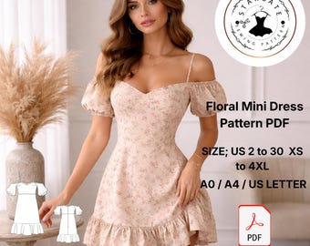 Floral Mini Dress Sewing Pattern, Off Shoulder Puff Sleeve, Cottagecore Style (PDF Download)