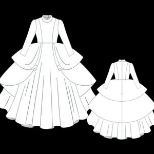 May include: A white line drawing of a long-sleeved dress with a high neckline, a fitted bodice, and a voluminous, multi-layered skirt. The illustration displays both the front view with a draped overskirt and the back view with a tiered design.