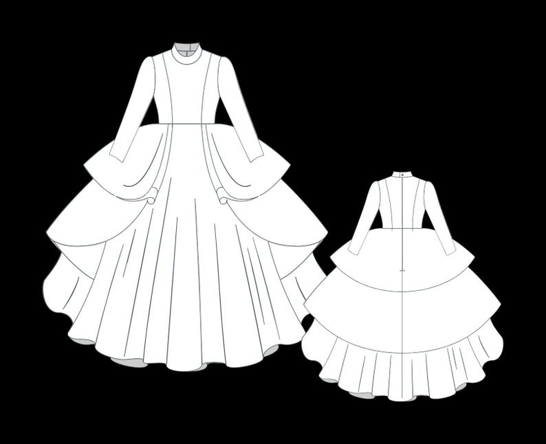 May include: A white line drawing of a long-sleeved dress with a high neckline, a fitted bodice, and a voluminous, multi-layered skirt. The illustration displays both the front view with a draped overskirt and the back view with a tiered design.