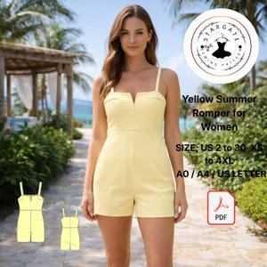 May include: A woman wearing a yellow summer romper with a V-neckline and spaghetti straps. The image includes a sewing pattern logo and text that reads "Yellow Summer Romper for Women" and size details. The pattern is available in US sizes 2 to 30.