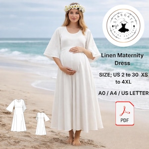 May include: A white linen maternity dress with a flowing skirt and wide sleeves. The dress is worn by a person on a beach. The image includes the text "Linen Maternity Dress" and size information from XS to 4XL.