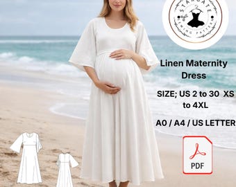 Linen Maternity Dress Sewing Pattern, Boho Beach Maxi, Baby Shower Outfit (Digital Download)