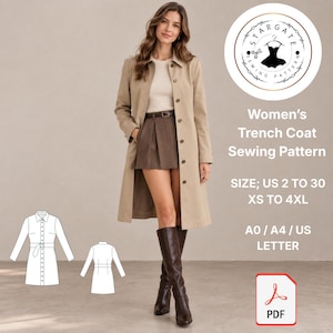 Può includere: Un cartamodello per trench beige con chiusura frontale a bottoni, maniche lunghe e colletto. Il file digitale include le taglie US 2-30, XS-4XL, compatibile con i formati A0, A4 e US Letter. Include un'icona PDF e disegni al tratto.