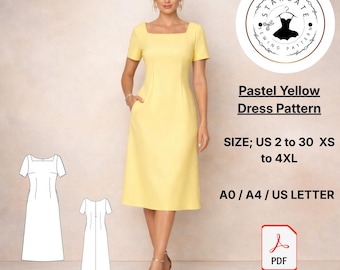 Patrón de costura para vestido midi amarillo pastel, manga corta, estilo minimalista (patrón en PDF)
