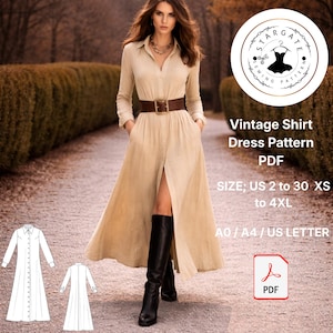 Könnte beinhalten: Ein beiges Vintage-Hemdkleid-Schnittmuster im PDF-Format. Das Kleid hat eine Knopfleiste vorne, lange Ärmel und einen braunen Gürtel. Das Schnittmuster umfasst die Größen US 2 bis 30 XS bis 4XL. Das Bild enthält auch ein PDF-Symbol und das Logo Stargate Sewing Pattern.