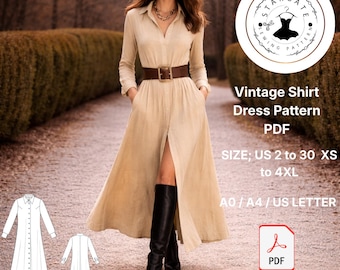 Cartamodello PDF per abito a camicia vintage, maxi con bottoni e maniche lunghe (download digitale)