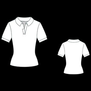 May include: A white short-sleeved polo shirt shown from both the front and back views. The front view features a classic collar with a placket and a single button, while the back view displays a plain, solid white design with short sleeves.