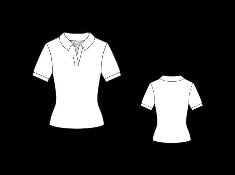 May include: A white short-sleeved polo shirt shown from both the front and back views. The front view features a classic collar with a placket and a single button, while the back view displays a plain, solid white design with short sleeves.