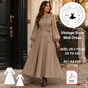 May include: A beige midi dress with long bishop sleeves, a rounded collar, and a waist tie. Text reads: Stargate Sewing Pattern, Vintage Style Midi Dress, Size US 2 to 30, XS to 4XL, A0/A4/US Letter, PDF. Includes a line drawing of the dress.