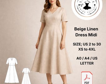 Beige Linen Midi Dress Sewing Pattern, V Neck A Line (Digital Download)