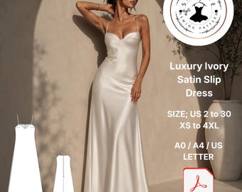 Ivory Satin Slip Dress Sewing Pattern, Maxi Gown, Back Detail, Minimalist (Digital Download)