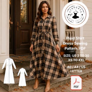 Pode incluir: Um vestido camiseiro de manga comprida aos quadrados em bege e preto com colarinho, fecho de botões frontal e cinto de laço. O texto inclui Stargate Sewing Pattern, Plaid Shirt Dress Sewing Pattern PDF, tamanhos US 2 a 30, XS a 4XL, A0/A4/US Letter.