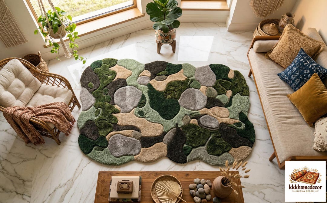 Rocky Earthy Rug 3D Tufted Moss and Stone Rug | Nature-inspired Forest Floor Area Rug ...