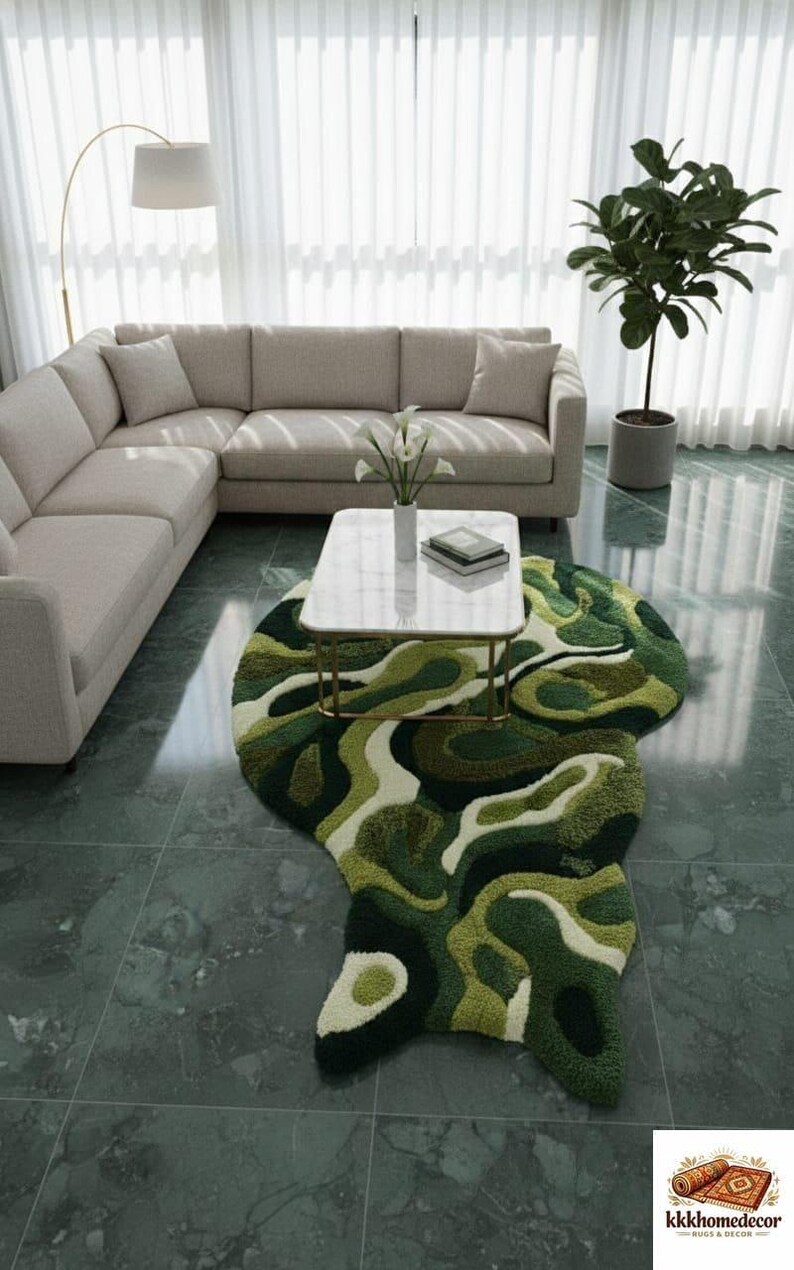 Hand Tufted Cat Shaped Rug | Green Abstract Wavy Decor | Groovy Moss ...