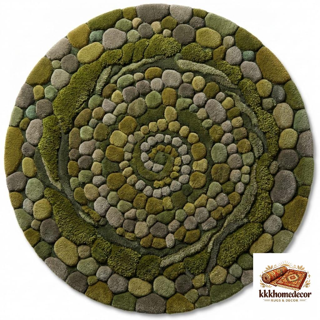Hand-tufted 3D Moss Pebble Round Rug | New Zealand Wool Forest Green ...
