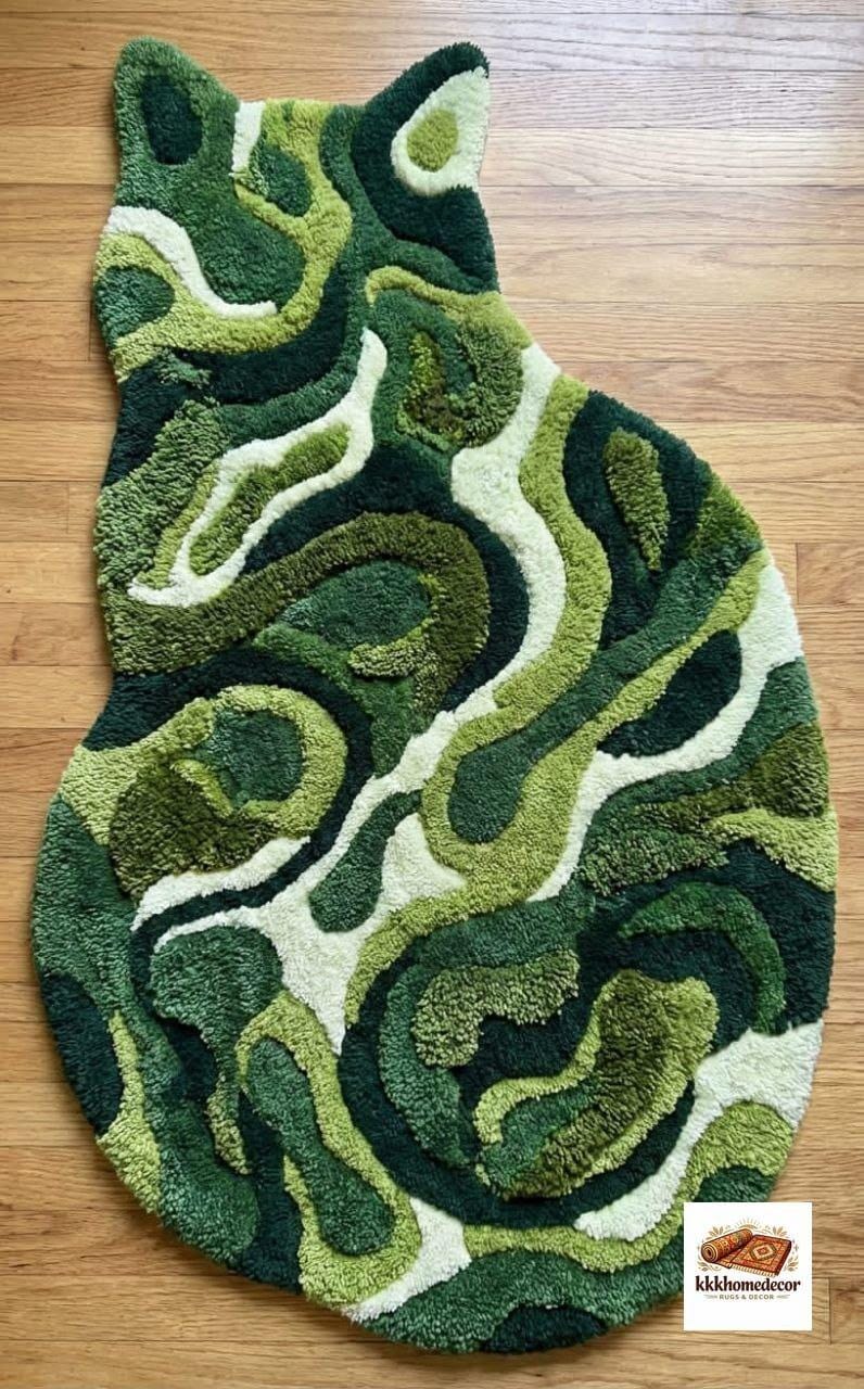 Hand Tufted Cat Shaped Rug | Green Abstract Wavy Decor | Groovy Moss ...