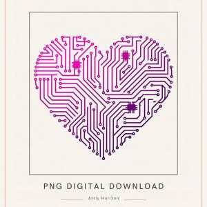 May include: A digital graphic featuring a heart shape formed by purple and magenta circuit board lines and integrated circuit chips. Below the heart, the text reads PNG DIGITAL DOWNLOAD and Artly Horizon in a clean, sans-serif font.