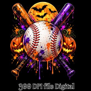 May include: A baseball with red stitching centered over two crossed baseball bats, one orange and one purple, with two glowing jack-o'-lanterns and a full moon with silhouettes of bats in the background, featuring orange and purple paint splatters.