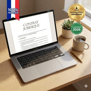 Peut inclure: Un ordinateur portable affiche un contrat juridique intitulé « CONTRAT JURIDIQUE ». L'image comprend une tasse de café, un stylo, une plante succulente et un drapeau français. L'écran de l'ordinateur affiche le texte « 100% FRANÇAIS » et « TÉLÉCHARGEMENT IMMÉDIAT ».