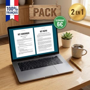 May include: A laptop displays two documents titled "KIT JURIDIQUE" and "KIT RGPD" on its screen. A coffee mug, a succulent plant, and a gold pen sit on the wooden desk. The image includes French text and a gold coin.