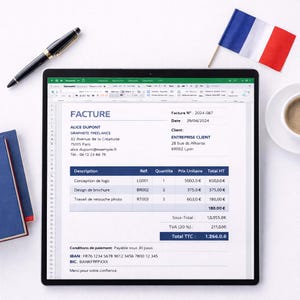 Peut inclure: Une tablette affiche une facture française avec des détails tels que la conception de logo et de brochure. Un stylo, un petit drapeau français, une tasse de café et un carnet sont sur une surface blanche.