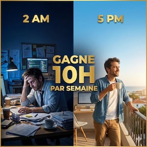 Peut inclure: Image divisée montrant un homme stressé à 2h du matin devant un ordinateur et un homme souriant à 17h sur un balcon. Le texte doré dit "Gagne 10H par semaine". L'homme sur le balcon tient une tasse de café.