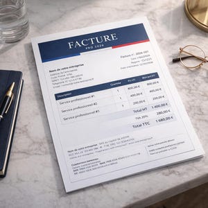 Peut inclure: Une facture imprimée intitulée "FACTURE PRO 2026" avec un en-tête bleu et rouge. Le document détaille des services et des informations financières. Un stylo, un carnet et des lunettes sont sur la surface en marbre.
