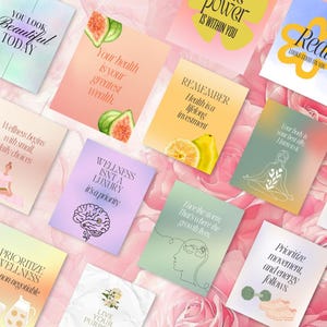 Puede incluir: Una colección de tarjetas coloridas con citas inspiradoras e ilustraciones. Las tarjetas presentan frases como "Te ves hermosa hoy" y "Tu salud es tu mayor riqueza". El fondo es un suave patrón floral rosa.