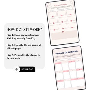 Puede incluir: Páginas de planificador digital con el texto "10 WAYS OF THINKING" y un botón "DOWNLOAD". Las páginas tienen un esquema de color rosa y blanco con casillas numeradas para notas. También se ve el texto "HOW DOES IT WORK?".