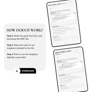 May include: A digital planner with the text "Divine Timing & Trust Planner" and "How Does It Work?" instructions. The planner includes templates for reflection and releasing control, with a download button.