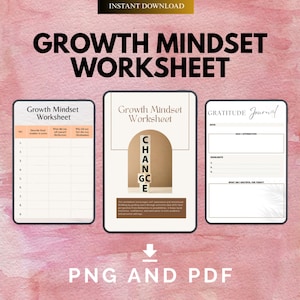 Op de afbeelding: Digitale download met een Growth Mindset Worksheet en een Gratitude Journal. De werkbladen hebben een neutraal kleurenpalet met de woorden "CHANGE" en "Growth Mindset Worksheet" weergegeven. De afbeelding bevat ook de tekst "PNG AND PDF".