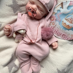 Pu&ograve; includere: Una bambola realistica che indossa una tutina a maniche lunghe con piedini a coste rosa chiaro e un cappellino abbinato. La bambola ha un ciuccio color oro rosa con catenella abbinata e un piccolo orsetto di peluche. Un cartello circolare recita Welcome Baby Girl.