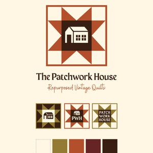 Può includere: Un modello di design grafico con un'icona quadrata a motivo stellato e una silhouette di casa. Il testo recita FULLY CUSTOMIZABLE TEMPLATE, The Patchwork House e Repurposed Vintage Quilts. Include tre varianti del logo e una tavolozza.