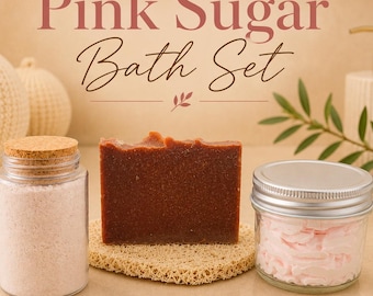 Pink Sugar Bade- & Körperset | Handgemachte Seife, geschlagene Körperbutter, Badeschaum als Geschenkset