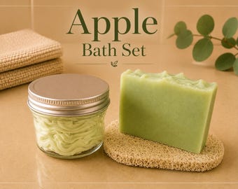 Apfel Bad Set | Handgemachte Seife, geschlagene Körperbutter & Seifenschale | Apfel Duft Hautpflege Geschenk für Sie | Früchte Seifen Set