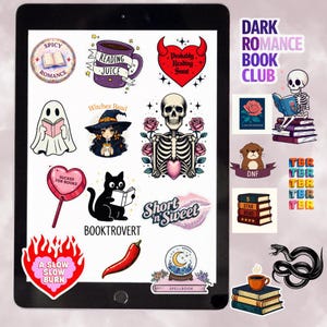 May include: A collection of stickers with a dark romance theme. Designs include a skeleton, a ghost reading, a cat reading, a heart-shaped lollipop, a coffee cup, and the text "Dark Romance Book Club."