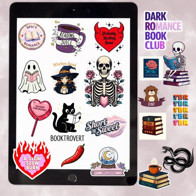 May include: A collection of stickers with a dark romance theme. Designs include a skeleton, a ghost reading, a cat reading, a heart-shaped lollipop, a coffee cup, and the text "Dark Romance Book Club."