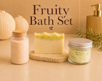 Süßes fruchtiges Bade-Set | Badeschaum, Seife & geschlagene Körperbutter Bundle