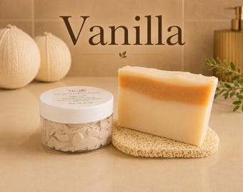 Handgemachtes Bade Geschenk Set Vanille | Seife, geschlagene Körperbutter & Seifenschale | Sheabutter Hautpflege Geschenk für sie