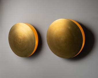 Mid-Century Modern Brass Disc Sconces – Sculptural Flush Mount Lights (Set of 2)