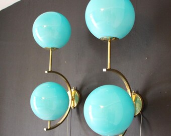 Vintage Murano Glass Sconces, Midcentury Brass Turquoise Sconces, Pair Wall Lights