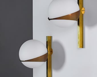 1950s Italian-Style Stilnovo Sputnik Wall Sconces | Mid-Century Design | Raw Brass and Globe Glass.