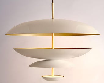 1950s Mid Century Modern Brass Chandelier: Cosmic Pendant Duo Fixture