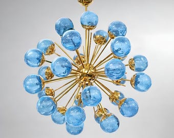 1950s Stilnovo Style Sputnik Chandelier – Brass & Blue Murano Glass – Mid Century Modern Italian Ceiling Light.