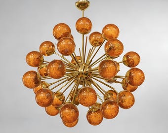 1950s Stilnovo Style Sputnik Chandelier – Brass & Orange Murano Glass – Mid Century Modern Italian Ceiling Light.