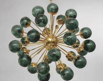 1950s Stilnovo Style Sputnik Chandelier – Brass & Green Murano Glass – Mid Century Modern Italian Ceiling Light